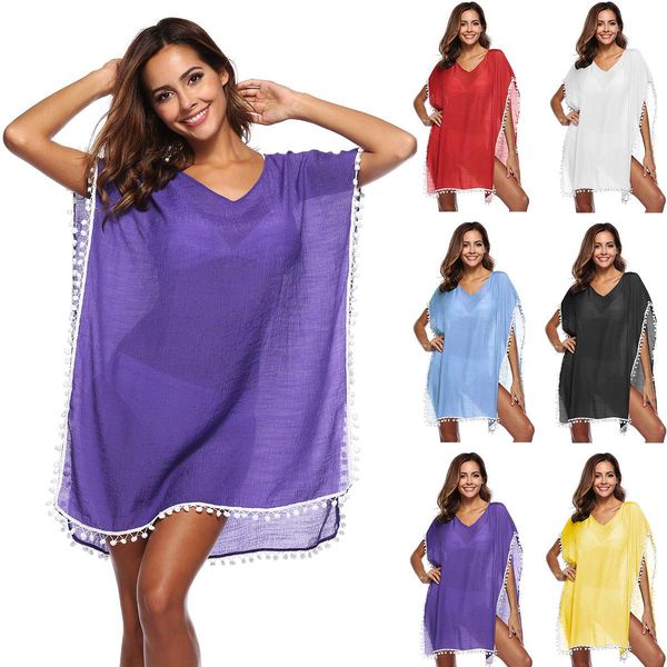 

2018 summer tassel cover ups bikini women swimwear slit dress girls v-neck bikini cover up swimsuit beachwear cover up beach dress, White;black