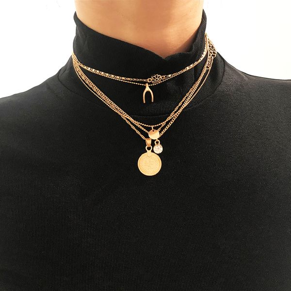 

5pcs/set fashion multi layers gold chain wishbone crystal choker necklace harajuku coin statement chocker necklace jewelry kolye, Golden;silver