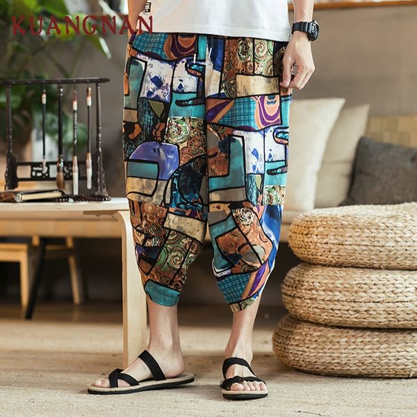 

kuangnan chinese style calf-length pants men trousers fashions loose streetwear wide leg pants men jogger 2018 new, Black