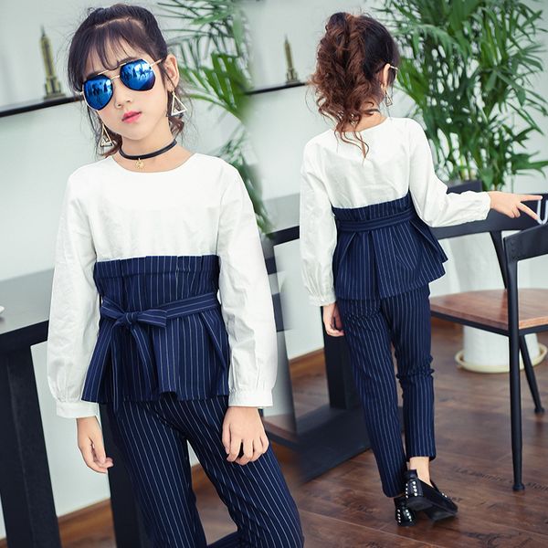 

kids girls long sleeve clothes sets girls school shirts & pants suits big size children clothing sets, White