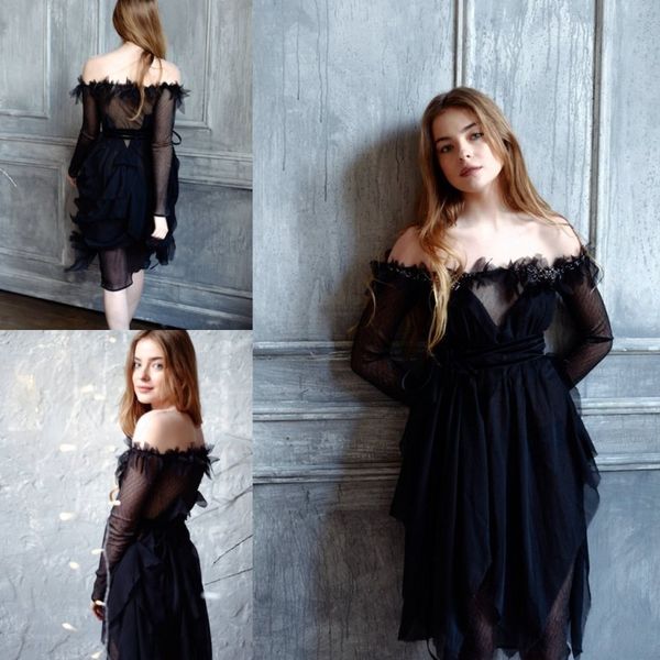 

2018 off shoulder short prom dress sheer long sleeves beaded irregular design evening gowns cocktail party little black dresses