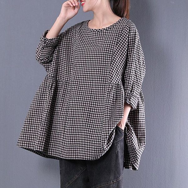 

buykud loose plus size plaid women blouse casual women batwing sleeve pleated shirts vintage round neck loose draped, White