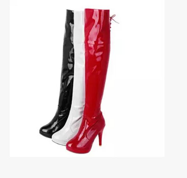 

knee-length boots european patent leather high-heeled steel pipe dance knight boots black and white red women's large yard