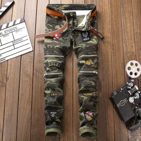 

Mans Stitching Camouflage Fashion Men Clothing Jeans Hip Hop Patchwork Knee Zipper Full Length Pencil Pant