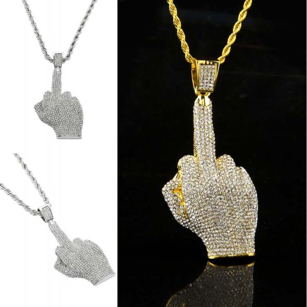 

Hip Hop Men Gold Silver Color Full Rhinestone Big Middle Finger Pendants Necklaces With 30inch Long Twist Chain For Mens Jewelry D774S