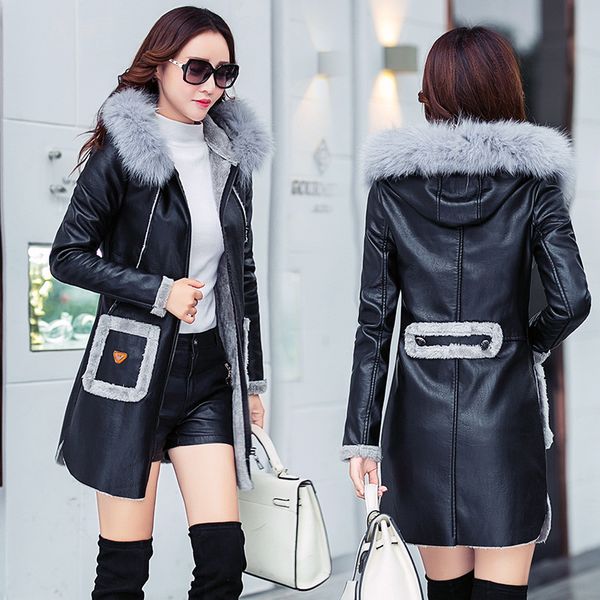 

faux sheepskin coat 2018 fashion new autumn winter leather jacket women thick warm long trench coat hooded ladies parka, Black