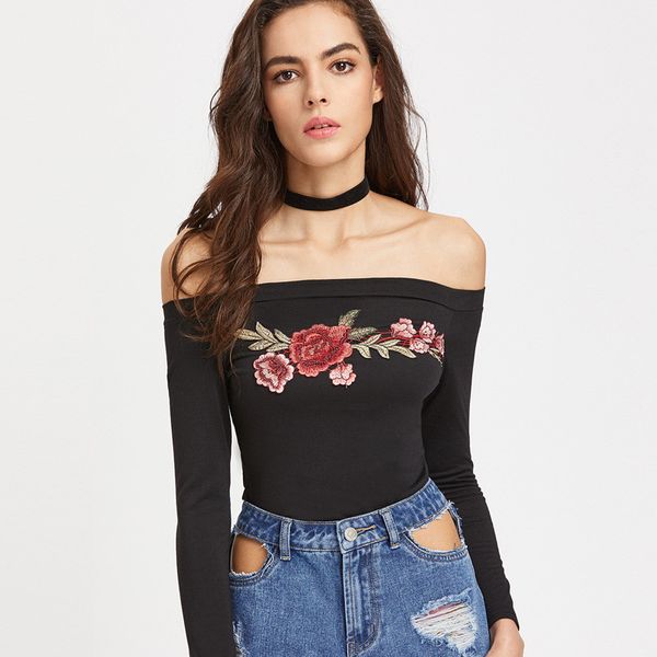 

off shoulder women rose floral embroidery t shirt long sleeve autumn slim t-shirt black femme camisole, White