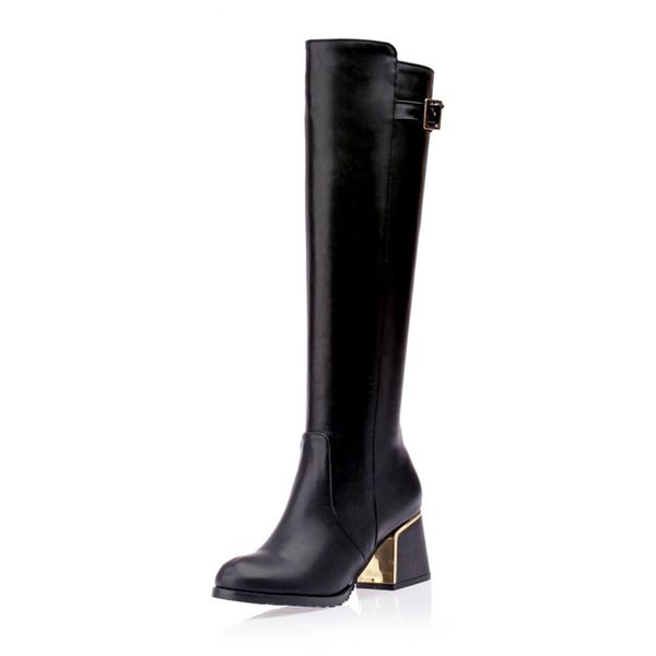 

new arrival fashion buckle strap deocration round toe square heels knee high boots for woman shoes woman 30-49, Black