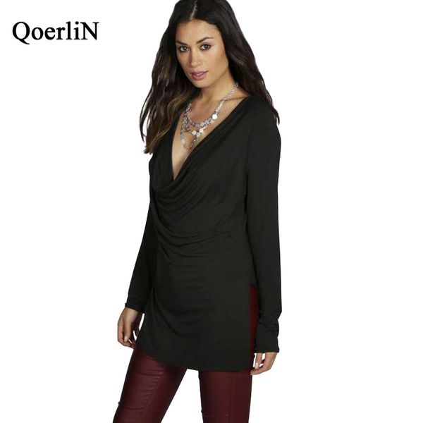 

qoerlin v-neck long sleeve t-shirts women autumn black white brown fashion casual split tees shirts female plus size