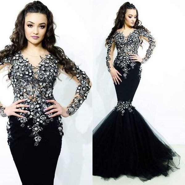 

glamorous featuring mermaid prom dresses jewel neck long sleeves petals lace applique 2018 prom dress floor length cocktail party dress, Black