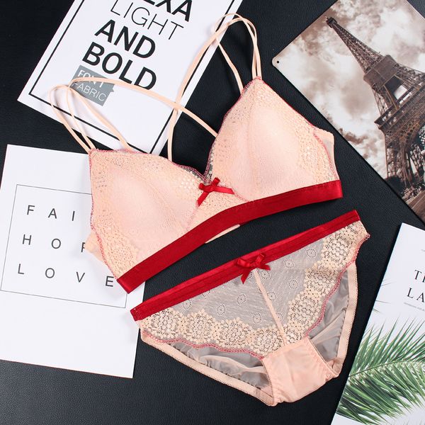 

wriufred lace bra set triangle cup underwear lingerie set for women wireless thin cotton breathable comfortable bra panties, Red;black