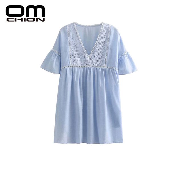 

omchion short flare sleeve summer dress women empire casual 2018 dresses deep v neck loose embroidery dress bw523, Black;gray