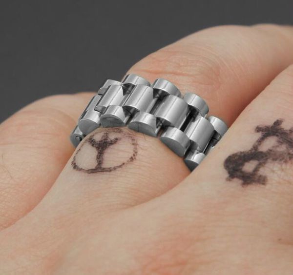

rings stainless steel golden link ring hiphop mens watchband style president star crown with logo star, Silver