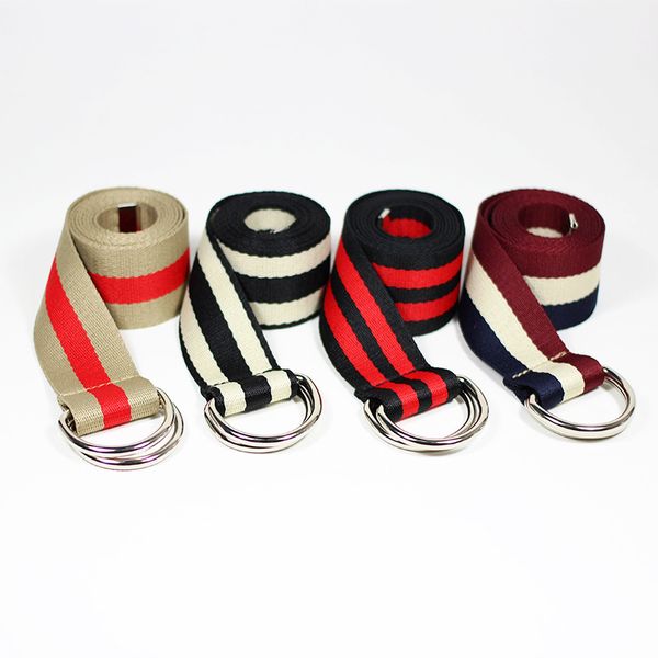 

fashion young men women nylon canvas stripe double ring buckle student belt metal sealing tail canvas belts for women jeans, Black;brown