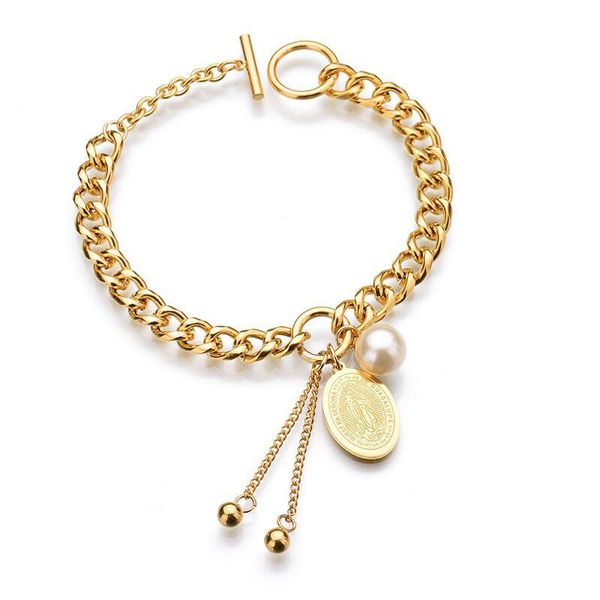 

mxgxfam 20 cm christian virgin mary pearls bracelets 2 line jewelry for women 316l titanium steel gold color no fade, Golden;silver