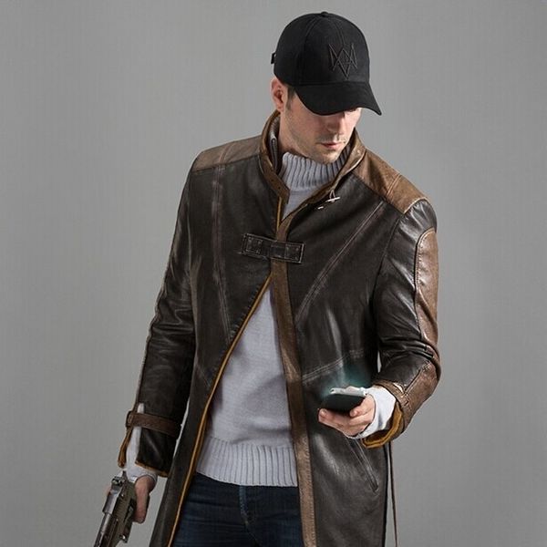 

watch dogs aiden pearce brown leather coat cosplay costume jacket, Black;red