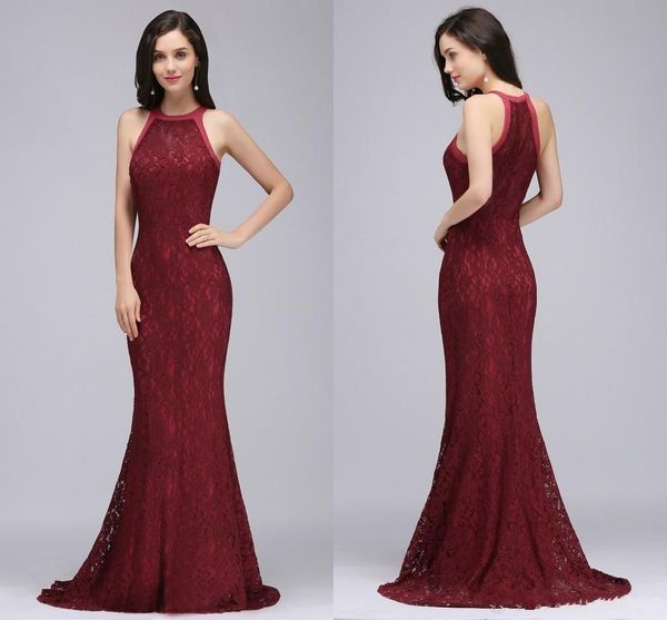 

2019 new vintage burgundy full lace evening dresses halter mermaid prom dresses stock real p formal evening gowns vestios de novia, Black