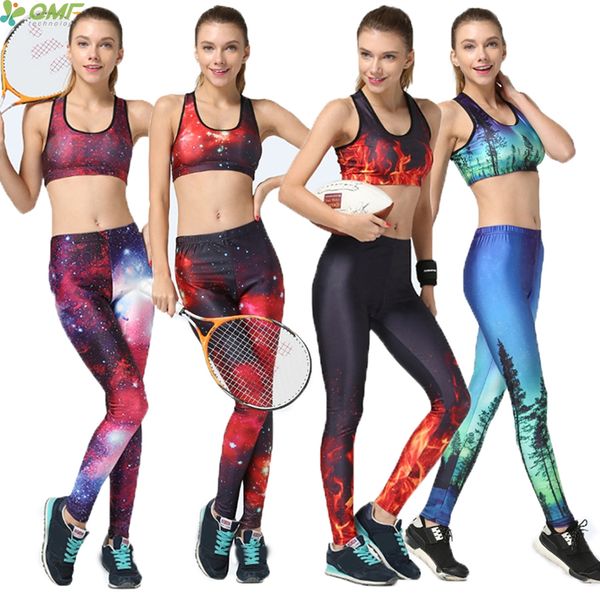 

popular galaxy women sports sets fitness gym bras nebula stars pants 3d print aurora trees nature sky yoga set tracksuit 2 pcs, White;red