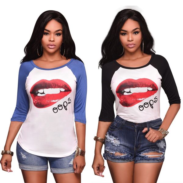 

New Fashion Summer Short Tee Lady Half Sleeve T-shirt Red Lip Printing Personality Womens Shirt Top Clothes