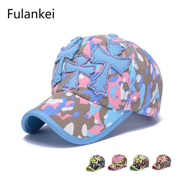 

fulankei summer camouflage baseball hat male ma'am pure cotton sun hat embroidery cross outdoors hats, Blue;gray