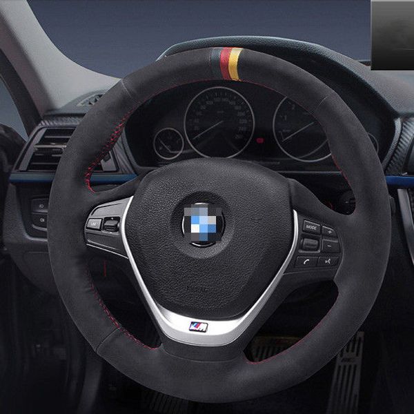 

for bmw 320li leather hand sewing steering wheel cover black suede red thread
