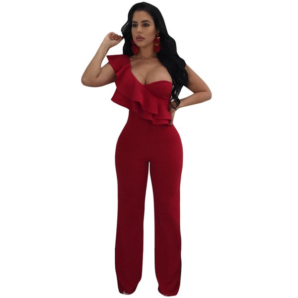 

ruffles one shoulder jumpsuit rompers casual sleeveless elegant full bodysuit wide leg jumpsuit casual party women overalls, Black;white