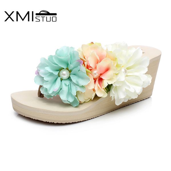 

xmistuo summer women beach bohemia flip flops slippers soft slides 7cm high-heel korean house girls flower slippers xm12019, Black