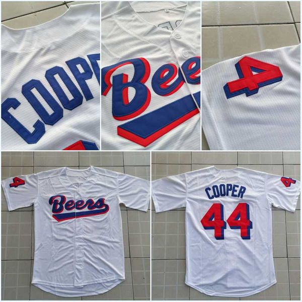 Men Joe Coop Cooper #44 BASEketball BEERS Movie Jersey Button Down White Baseball Jerseys Alta Qualidade Frete Grátis