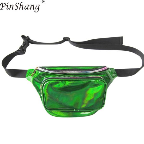 

pinshang waterproof laser fanny pack pu hologram laser hip waist packs women belt bag cashier pouch bags for women and men zk30