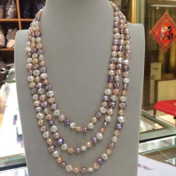 

white pink purple genuine natural freshwater pearl necklace 7-8mm baroque 50'' long sweater chain, Silver