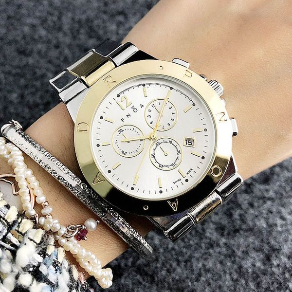

fashion 3 watch girls style brand metal date calendar dials band steel quartz wrist women's p38 trsio, Slivery;brown