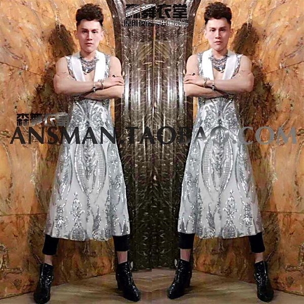

men's trench coats -xxl male stage djdg hair stylist tide models embroidery long umbrella sleeveless jacket singer costumes show, Tan;black