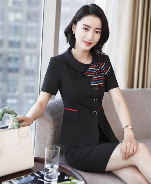 

new style summer black blazer women business suits with skirt and jacket sets office ladies work wear uniforms (scarf included, White;black