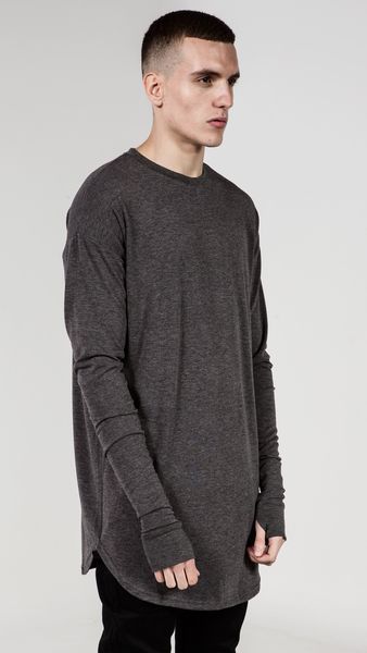 

hem side men t zip with longline long sleeve t-shirt trends hop hem arc curve hip new super shirts tee xedil, Black