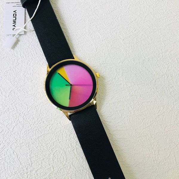 

amuda creative style fashion neutral rainbow quartz wristwatches women leather strap watches men clock male relogio masculino, Slivery;brown