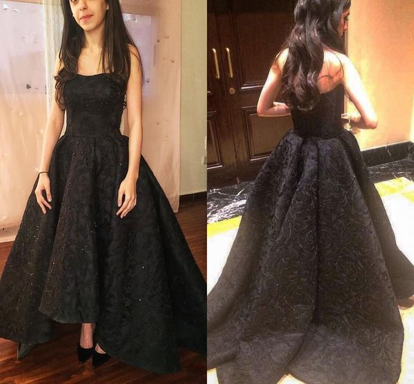 

new elegant black full lace high low prom dresses 2018 strapless sleeveless sweep train formal evening dresses women party gowns