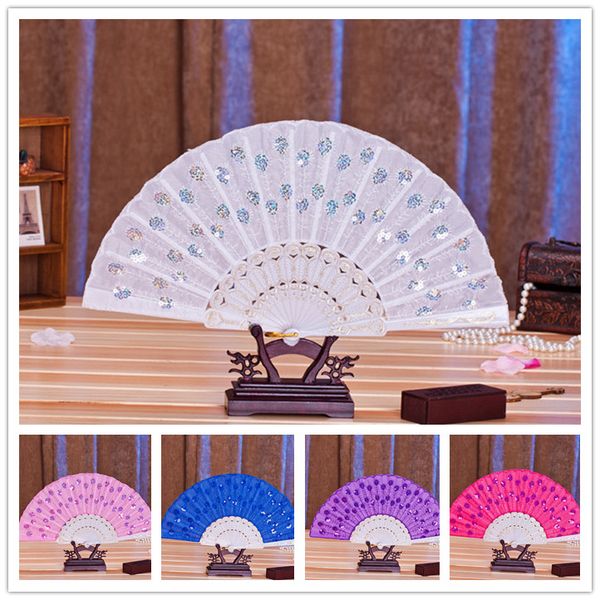 

5pcs ladys lace folding fan spanish embroidered sequins hand fan"peacock showing expectations of love" wedding party dancing lace