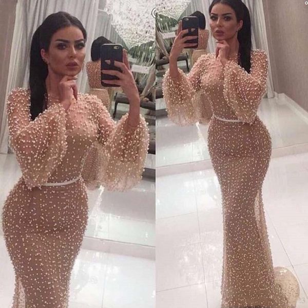 Luxo Pérolas Longo Prom Dresses Jewel Neck mangas compridas Pérolas da sereia de noite formal vestido lindo Dubai Saudita as mulheres se vestem vestidos de noite