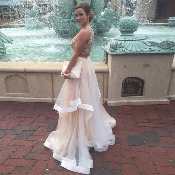 

custom made fashion two pieces scoop tulle long champagne prom dress with beading evening gown, Black