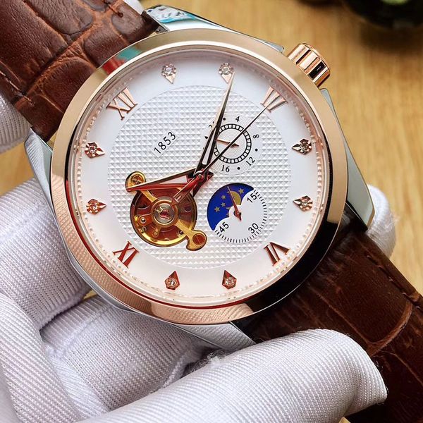 

fashion luxury mens watches 43mm dial mechanical automatic leather strap brand watch for men male father's day gift waterproof wristwat, Slivery;brown