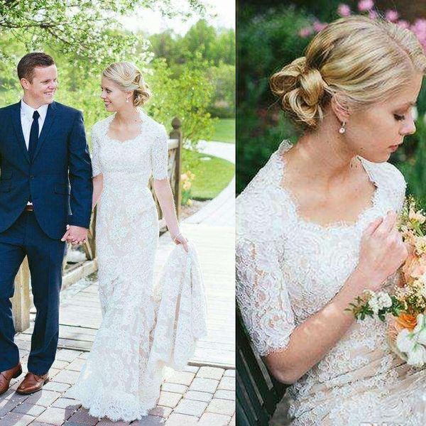 

half long sleeves full lace applique wedding dresses sheath country western sweep train covered buttons bridal gown, White