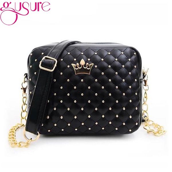 

gusure 2018 women bag fashion women messenger bags rivet chain shoulder bag high quality pu leather crossbody quiled crown bags