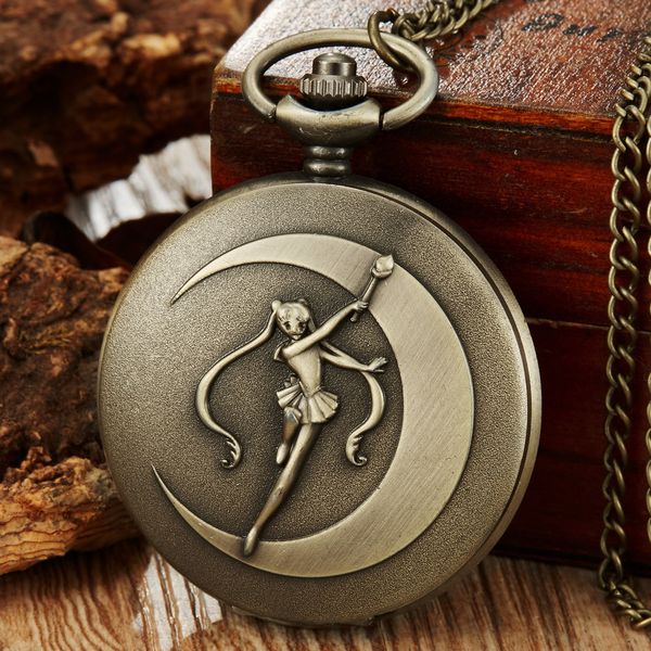 

colorful sailor moon dial quartz pocket watch with pendent chain bronze full anime theme necklace watch children, Slivery;golden
