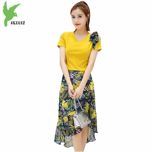 

chiffon two pieces set for women 2018 summer fashion short sleeve t-shirt top and print ruffles high waist skirt sets okxgnz1859, White
