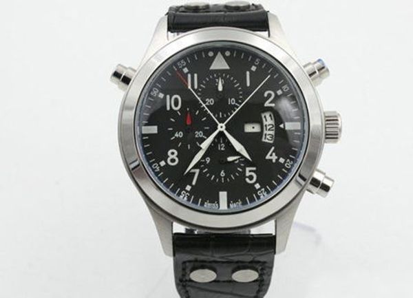 

leather bracelet new pilot's black dial chronograph quartz sport watch man watch wristwatch, Slivery;brown