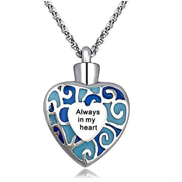 

urn necklaces for ashes always in my heart cremation jewelry stainless steel ashes pendant memorial keepsake necklace, Silver