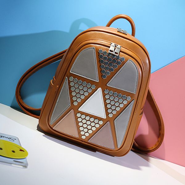 

new women's backpack rivet patchwork school bag panelled fashion ladies back bag