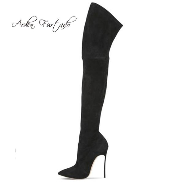 

arden furtado 2018 autumn stilettos party shoes ladies slip on pointed toe high heels 12cm stretch boots big size 41 42 43, Black