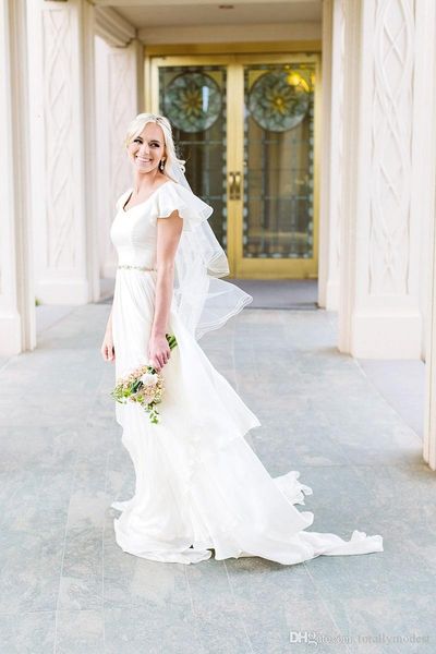 

flowy chiffon modest wedding dresses 2019 beach short sleeves beaded belt temple bridal gowns queen anne neck informal reception dress, White
