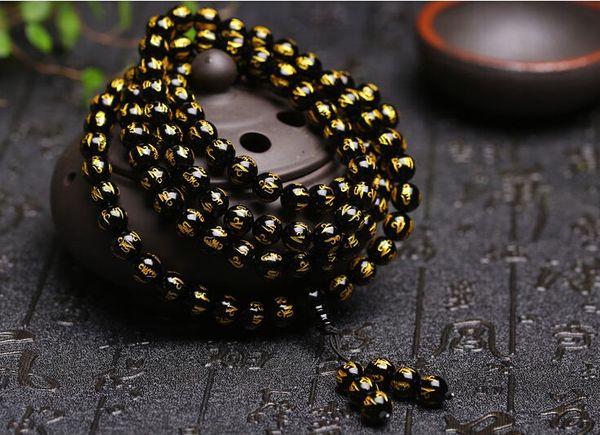 

8mm tibetan black bead carve mantra om mani padme hum amulet bracelet, Golden;silver